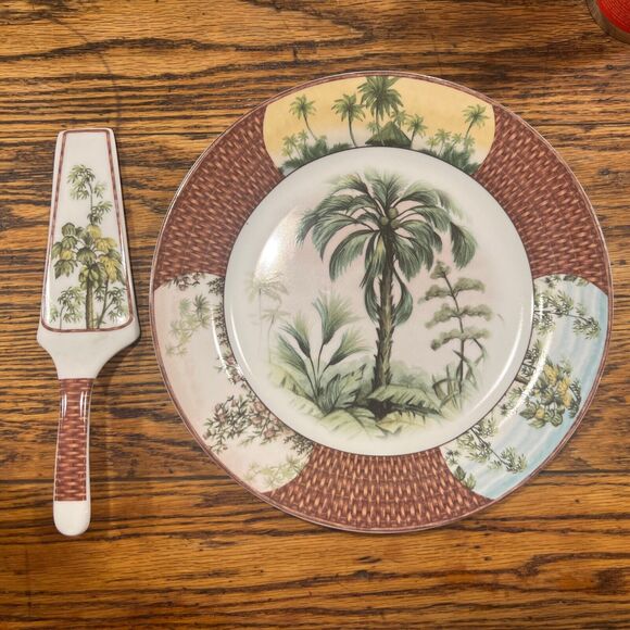 I Godinger & Co Cake Plate & Server Tropical Splendor Porcelain GORGEOUS! - Picture 1 of 9